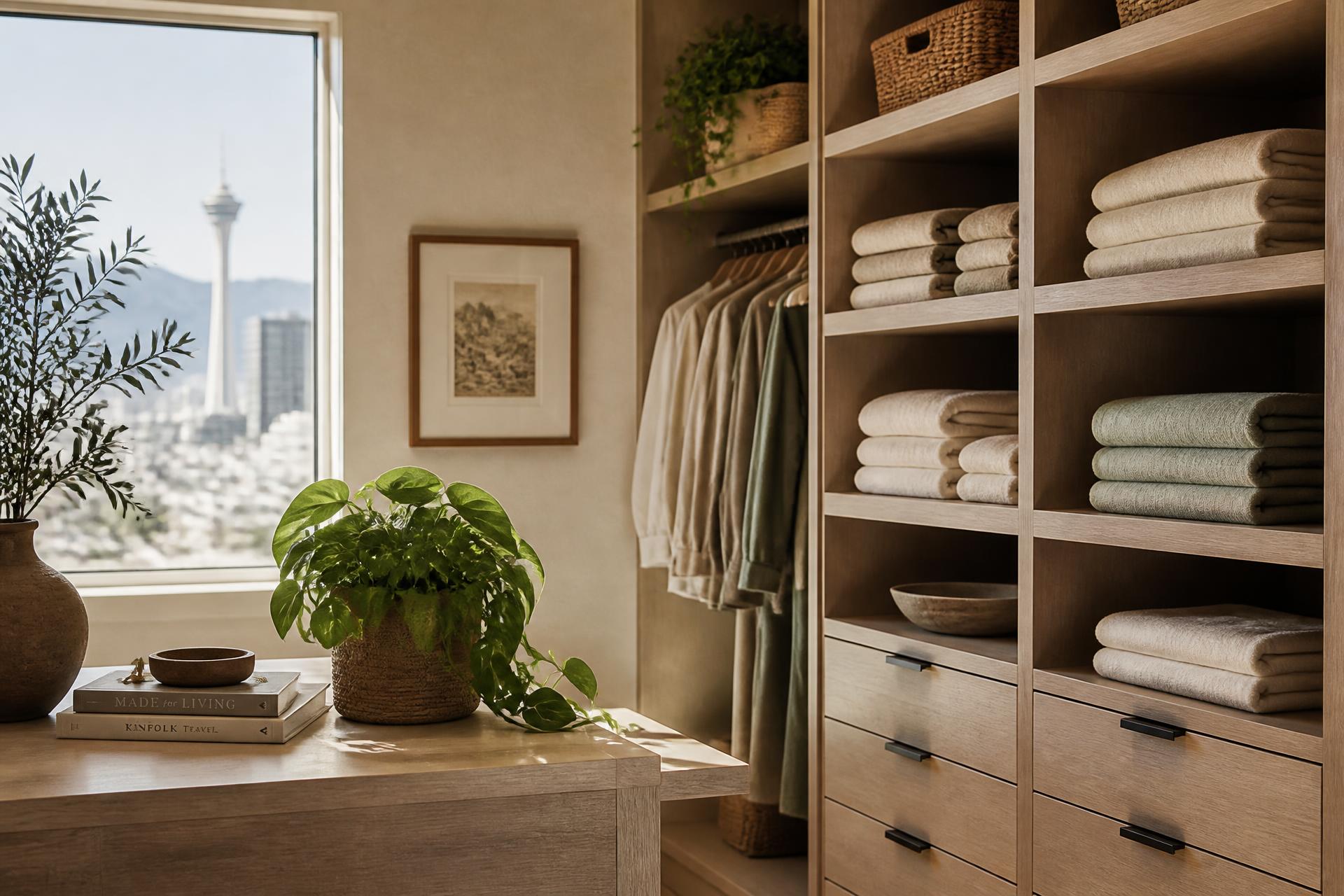 Beautifully organized walk-in closet with sage green linens, woven baskets, and natural light